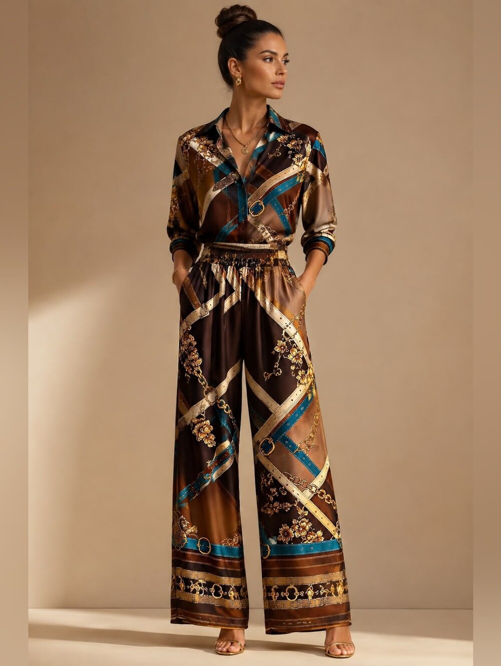 Made In Italy Viscose Rayon Silk-Feel Brown & Teal Chain Floral Printed Pant Set